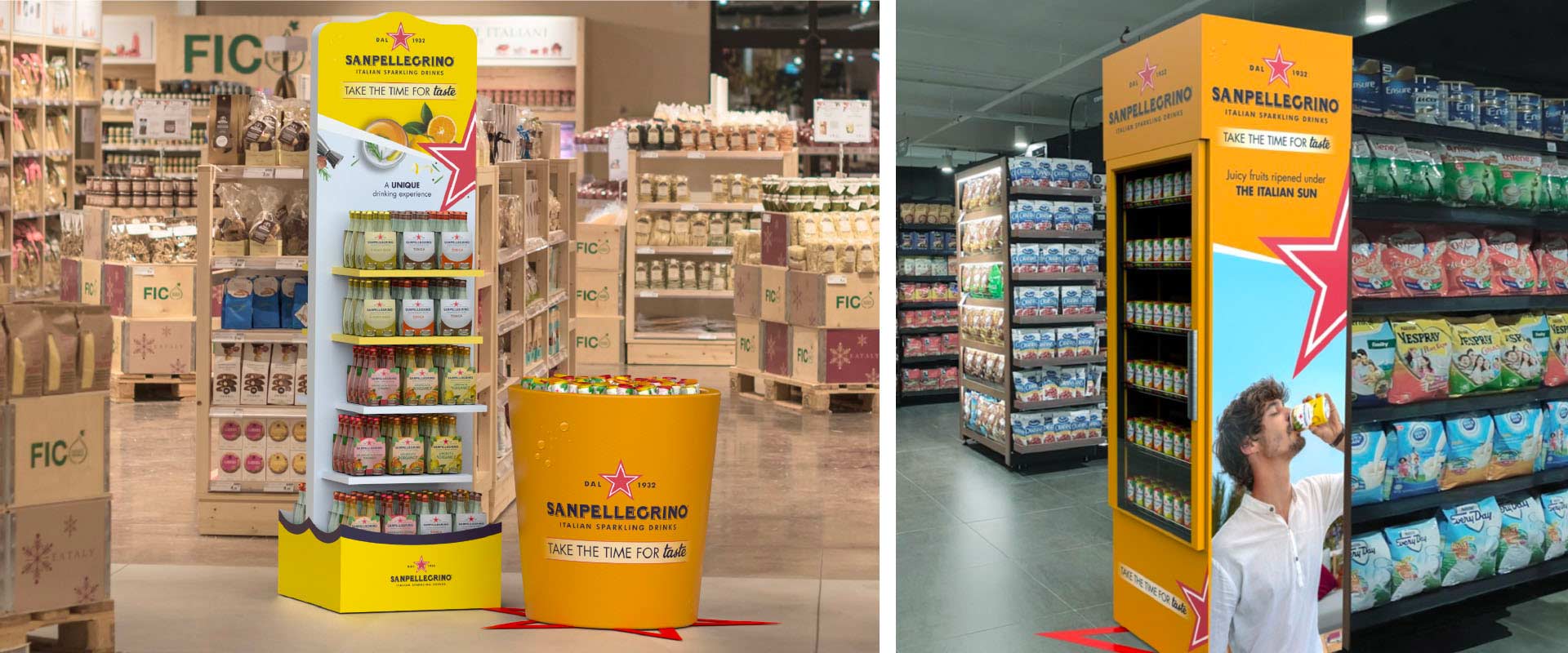 Free standing display unit, container and fridge for Sanpellegrino