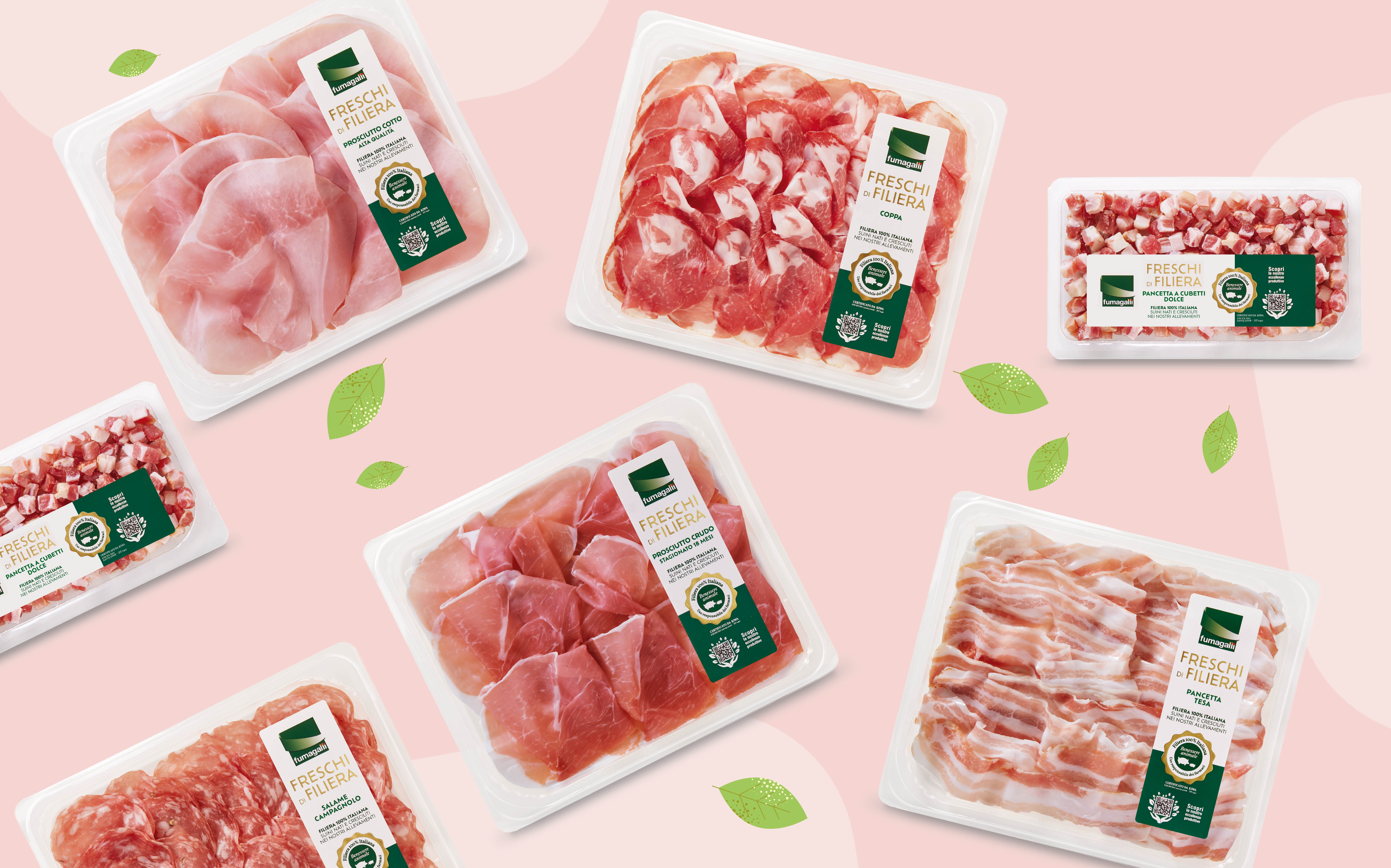 The packaging of Fumagalli Freschi di Filiera stresses the sliced product and a QR code is shown on the front of pack