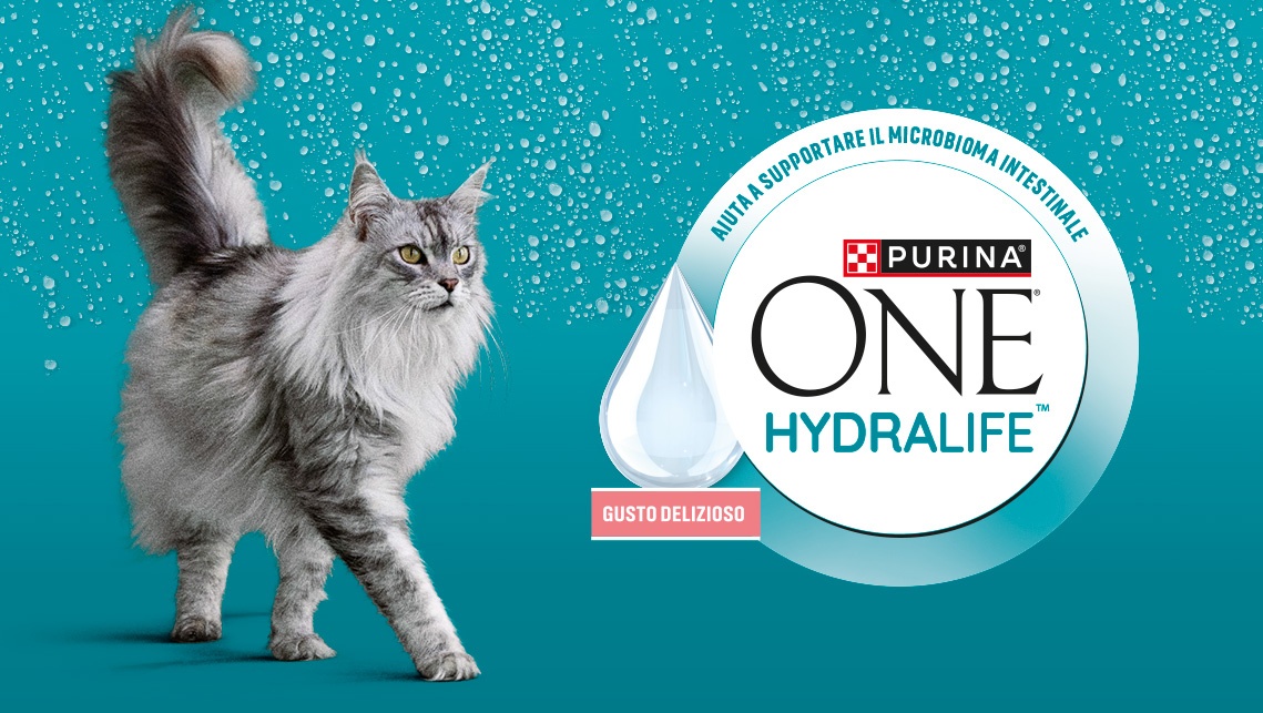 The logo and overall graphic mood of pet food product Purina® ONE® Hydralife