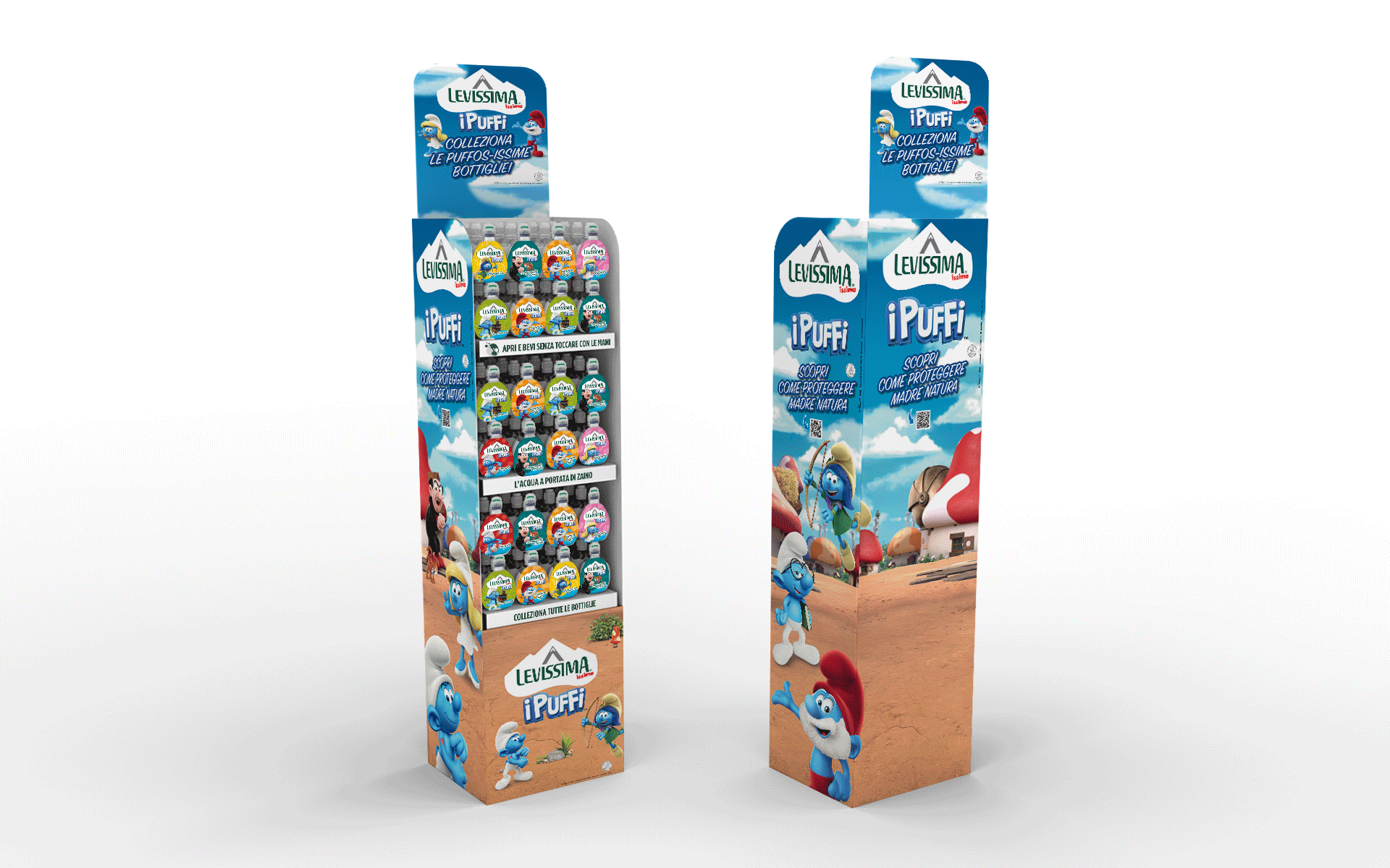The 3D totem and the standing display unit by ATC for Issima The Smurfs in-store communication