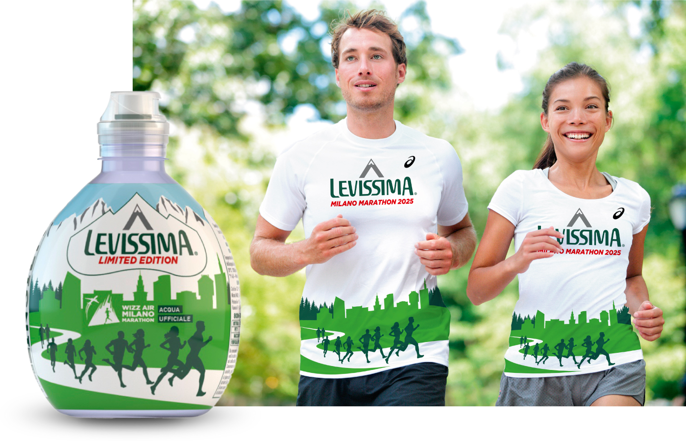 Levissima bottles sleeves and T-shirts designed by ATC for the 42 kilometres of the 2025 Milan Marathon