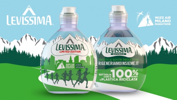 The green-oriented look and feel of the 33 cl Levissima bottles designed by ATC for the 2025 Milan Marathon