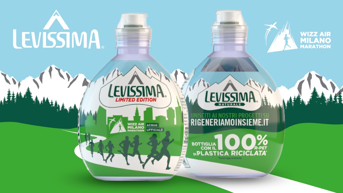 The green-oriented look and feel of the 33 cl Levissima bottles designed by ATC for the 2025 Milan Marathon