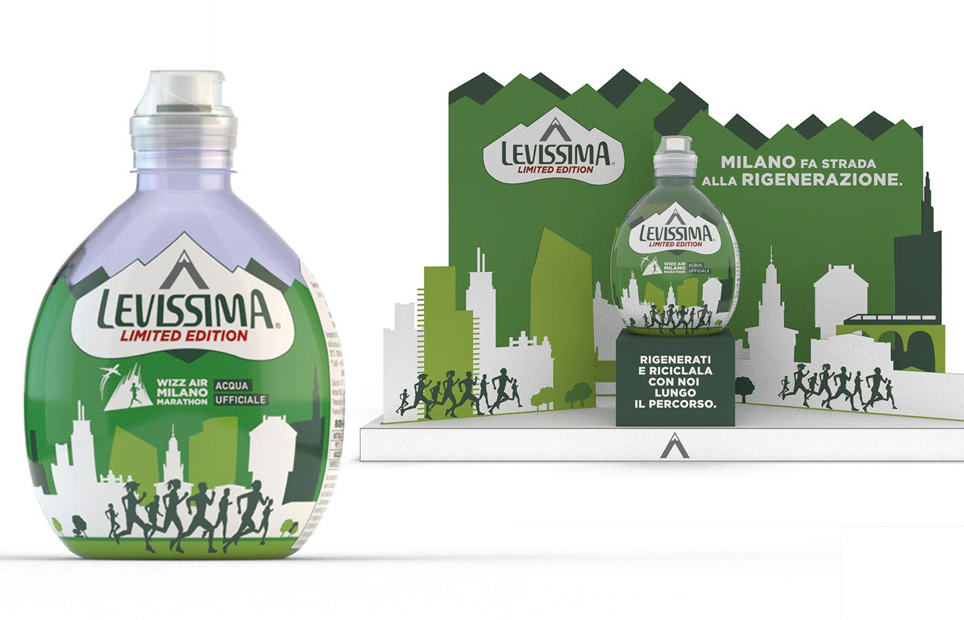 Communication materials ATC created for the Milano Marathon: packaging for the limited-edition Levissima water bottle and the display made to give it focus along the route