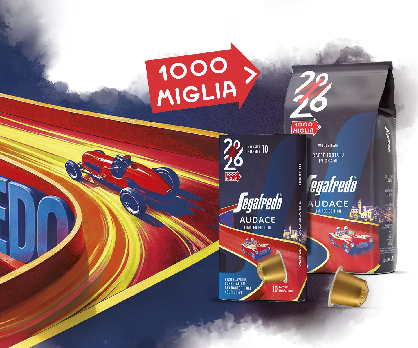 The packaging for Audace, Segafredo’s limited edition created to celebrate the 1000 Miglia motor race