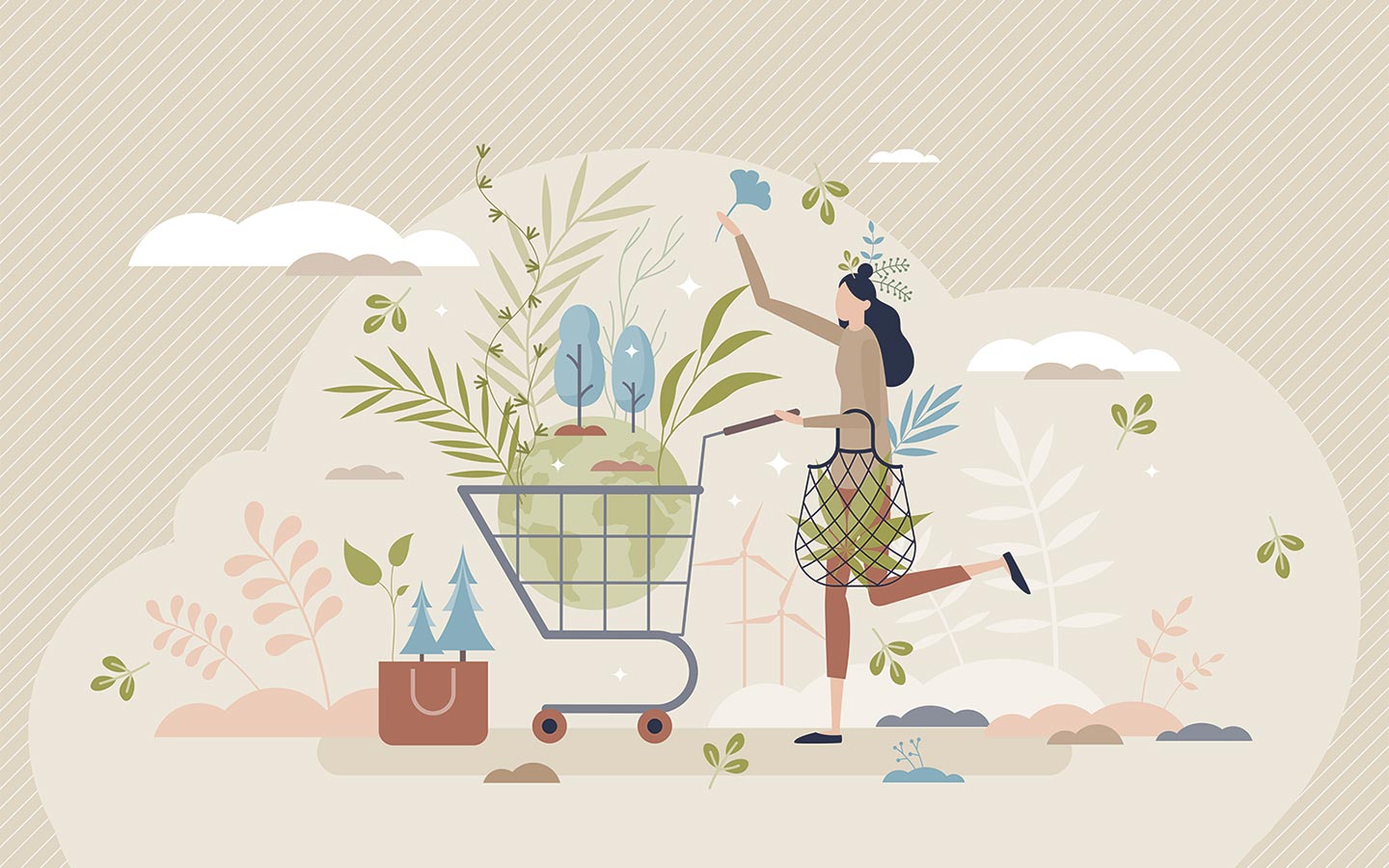 An illustration showing a consumer making environmentally conscious choices during shopping activities
