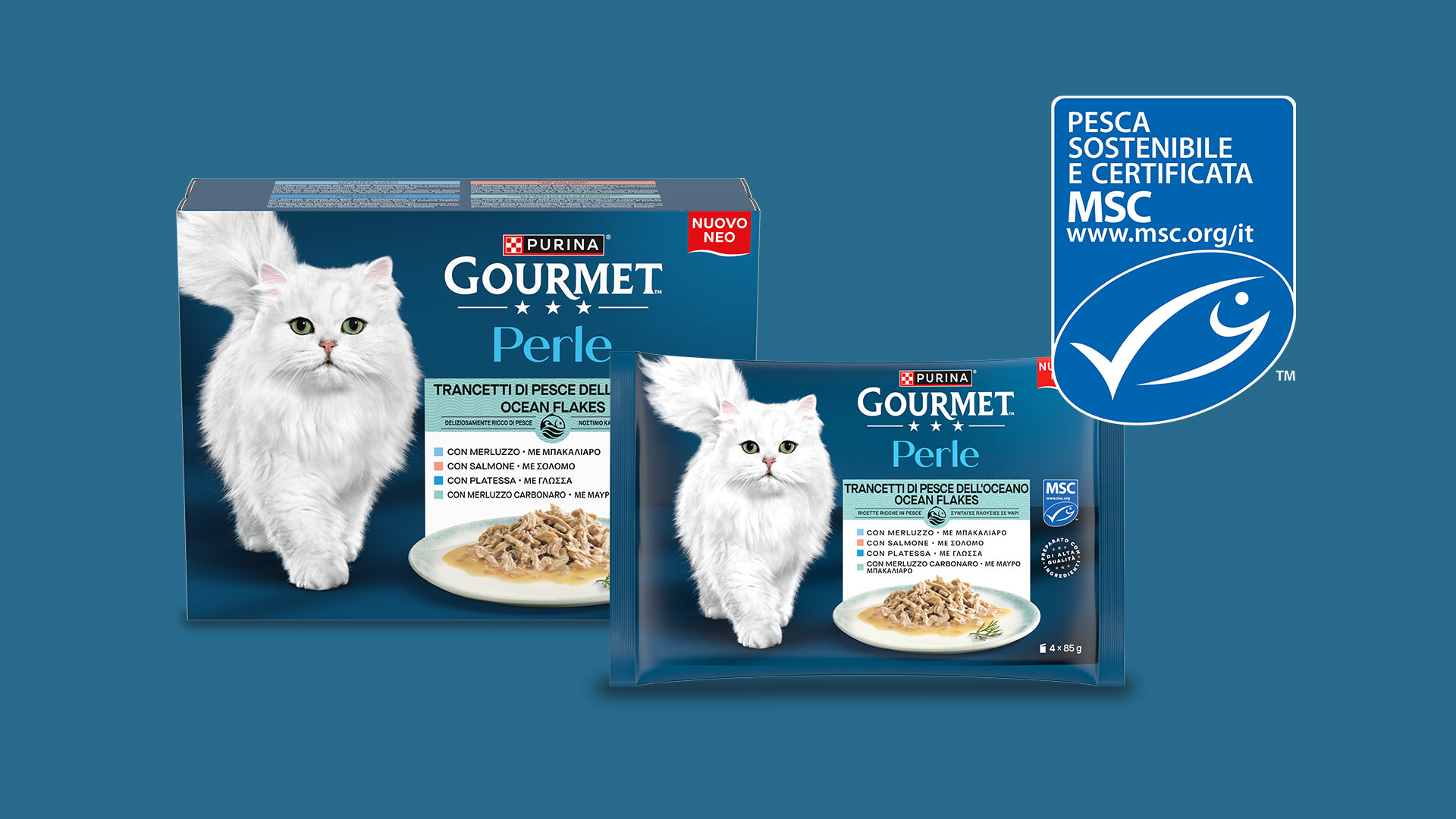 Gourmet Perle packaging features the MSC certified sustainable fishing logo