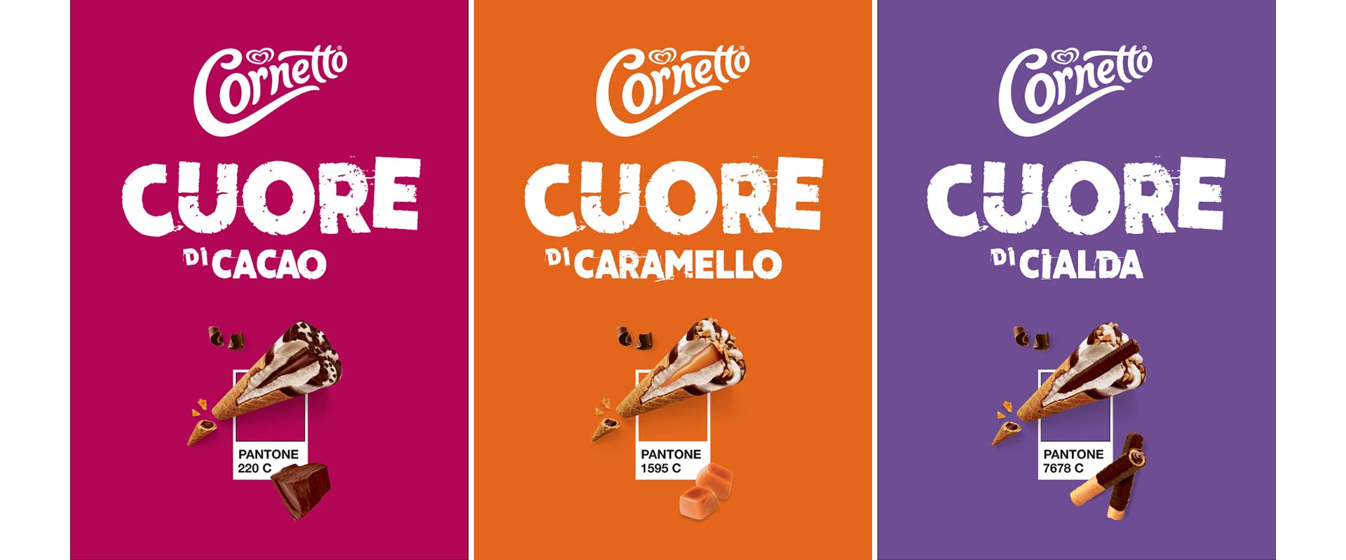 Key visual of the three Cornetto variants with monochrome backgrounds and dedicated palettes: magenta for cocoa, orange for caramel and purple for wafer