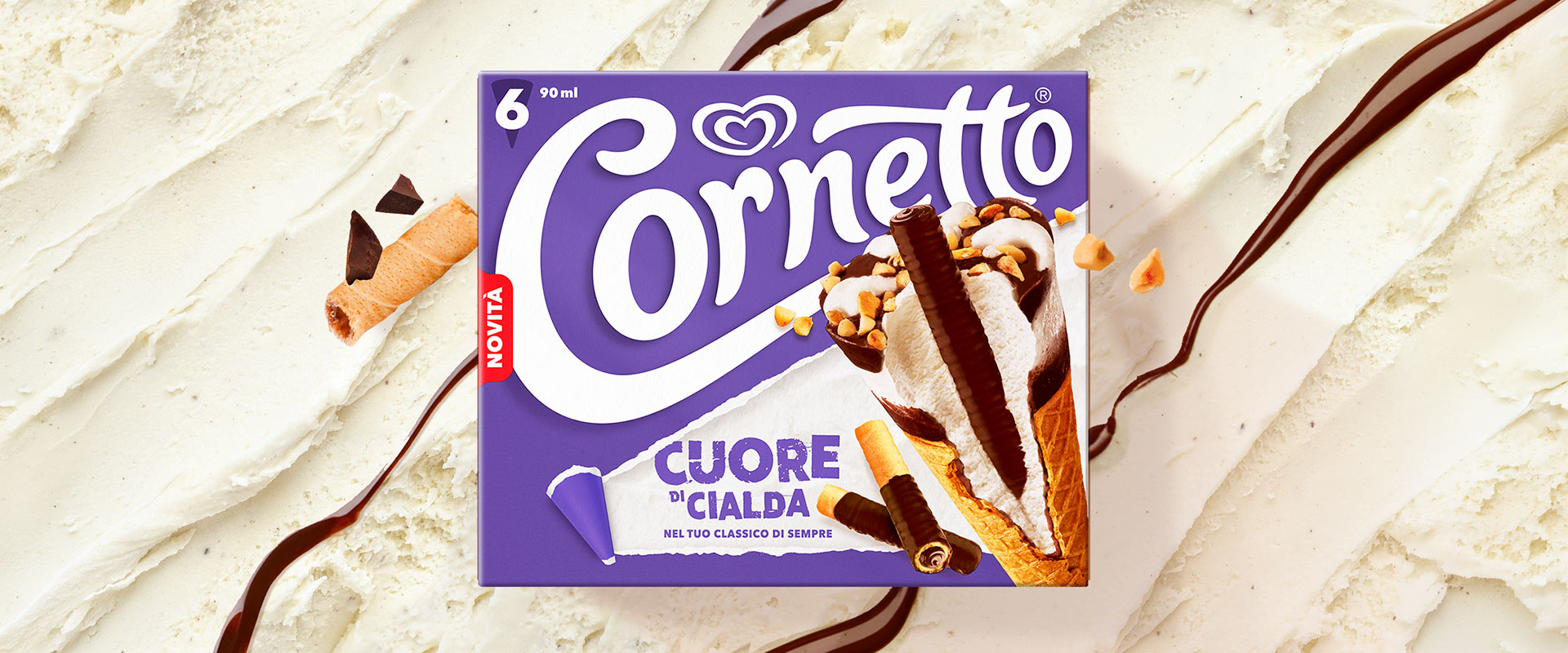 Pack Cornetto Cuore di Cialda with product illustration and distinctive purple palette of the variant
