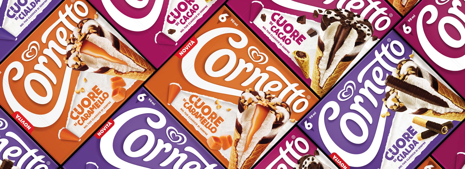 Visual pattern of the Cornetto packs with the Cuore di Cacao, Cuore di Caramello and Cuore di Cialda variants, characterised by distinctive colours and re-design