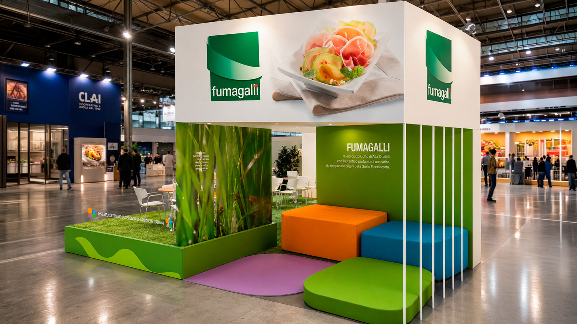 The “Etichetta Etica” big idea created by ATC for Fumagalli Salumi: the key concept with the flower logo, experiential stands, the blog, online and offline amplification for Expo 2015, the animal welfare packaging line and trade press pages.