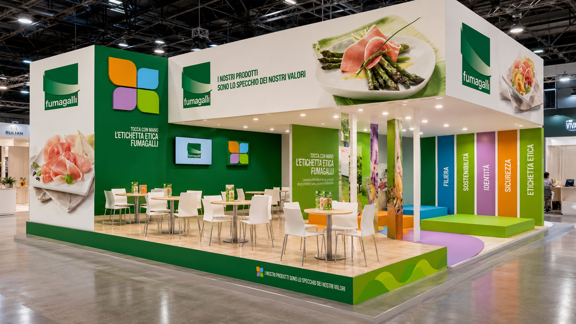 The “Etichetta Etica” big idea created by ATC for Fumagalli Salumi: the key concept with the flower logo, experiential stands, the blog, online and offline amplification for Expo 2015, the animal welfare packaging line and trade press pages.