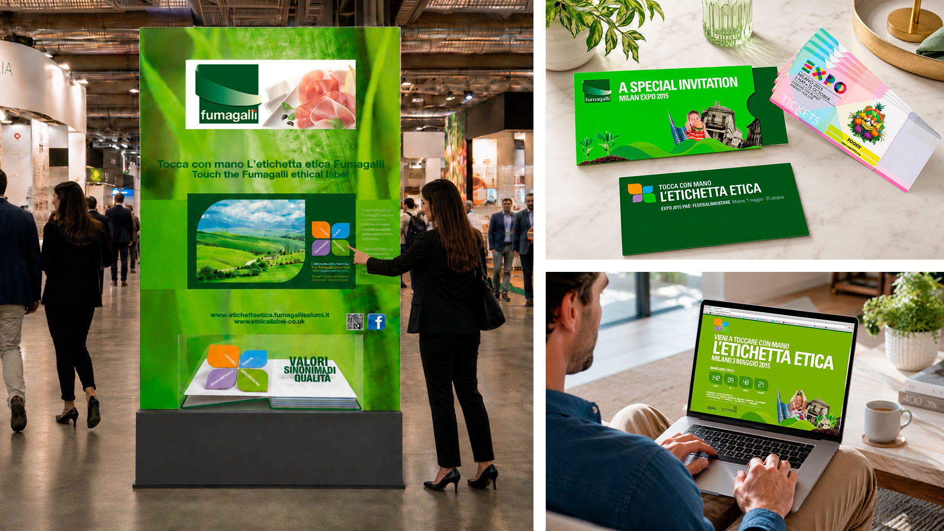 The “Etichetta Etica” big idea created by ATC for Fumagalli Salumi: the key concept with the flower logo, experiential stands, the blog, online and offline amplification for Expo 2015, the animal welfare packaging line and trade press pages.