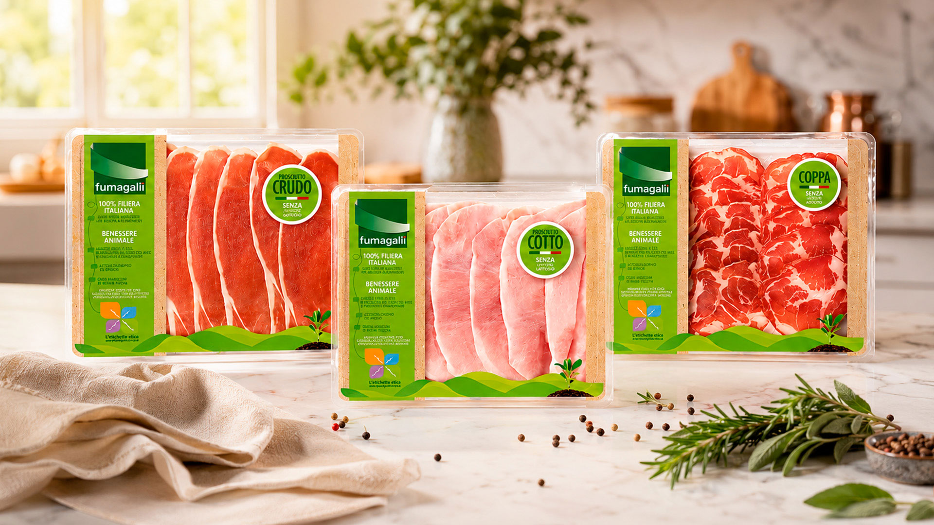 The “Etichetta Etica” big idea created by ATC for Fumagalli Salumi: the key concept with the flower logo, experiential stands, the blog, online and offline amplification for Expo 2015, the animal welfare packaging line and trade press pages.