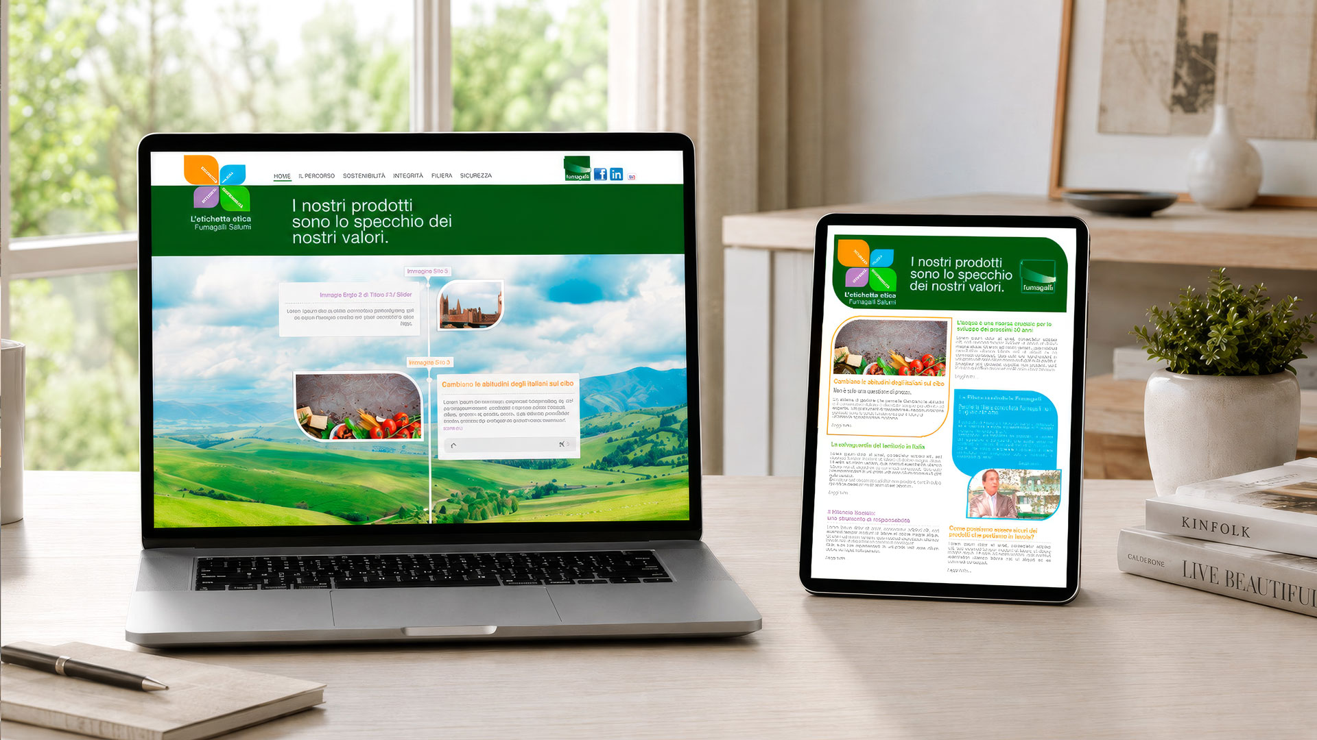 The “Etichetta Etica” big idea created by ATC for Fumagalli Salumi: the key concept with the flower logo, experiential stands, the blog, online and offline amplification for Expo 2015, the animal welfare packaging line and trade press pages.