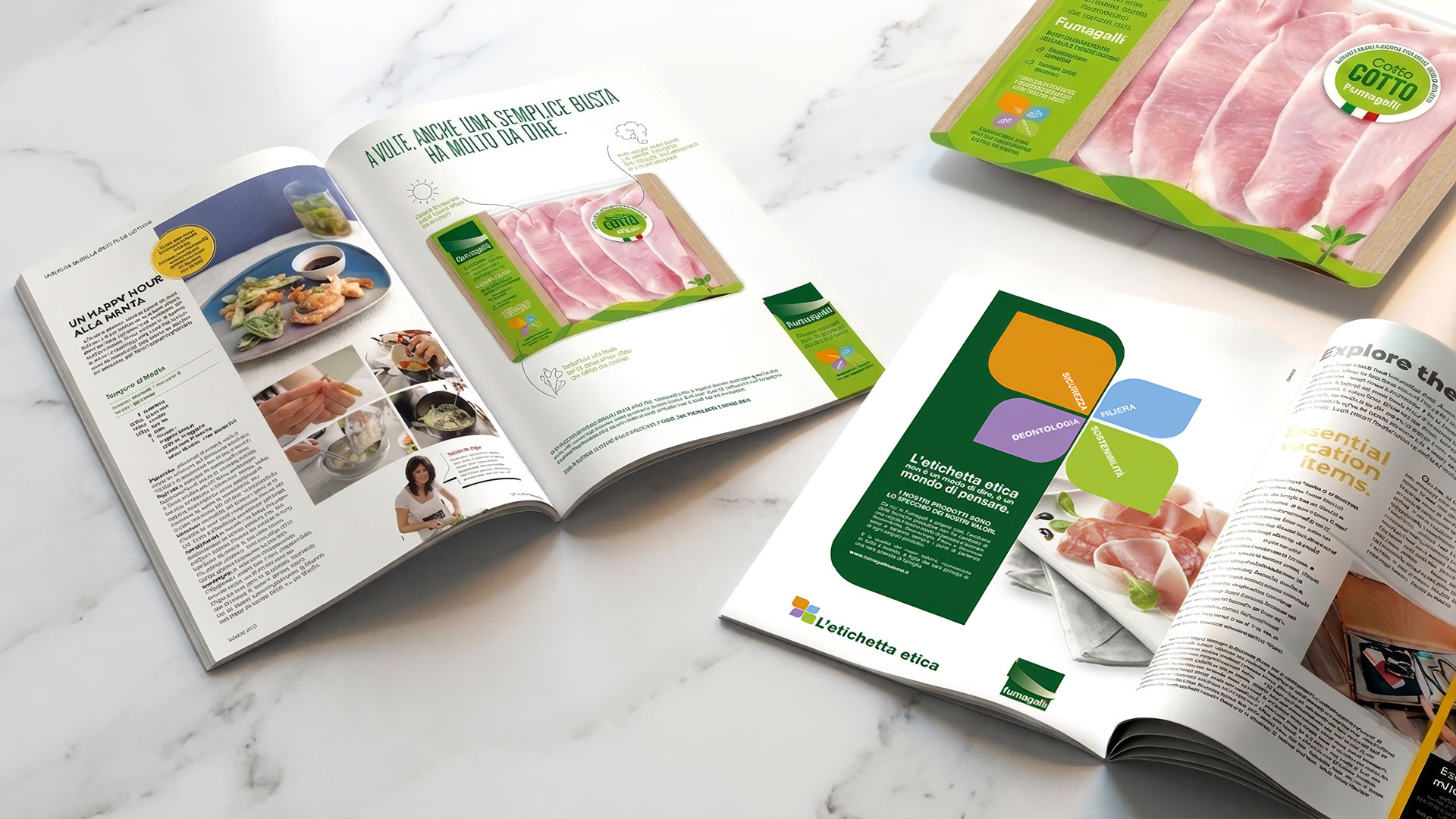 The “Etichetta Etica” big idea created by ATC for Fumagalli Salumi: the key concept with the flower logo, experiential stands, the blog, online and offline amplification for Expo 2015, the animal welfare packaging line and trade press pages.