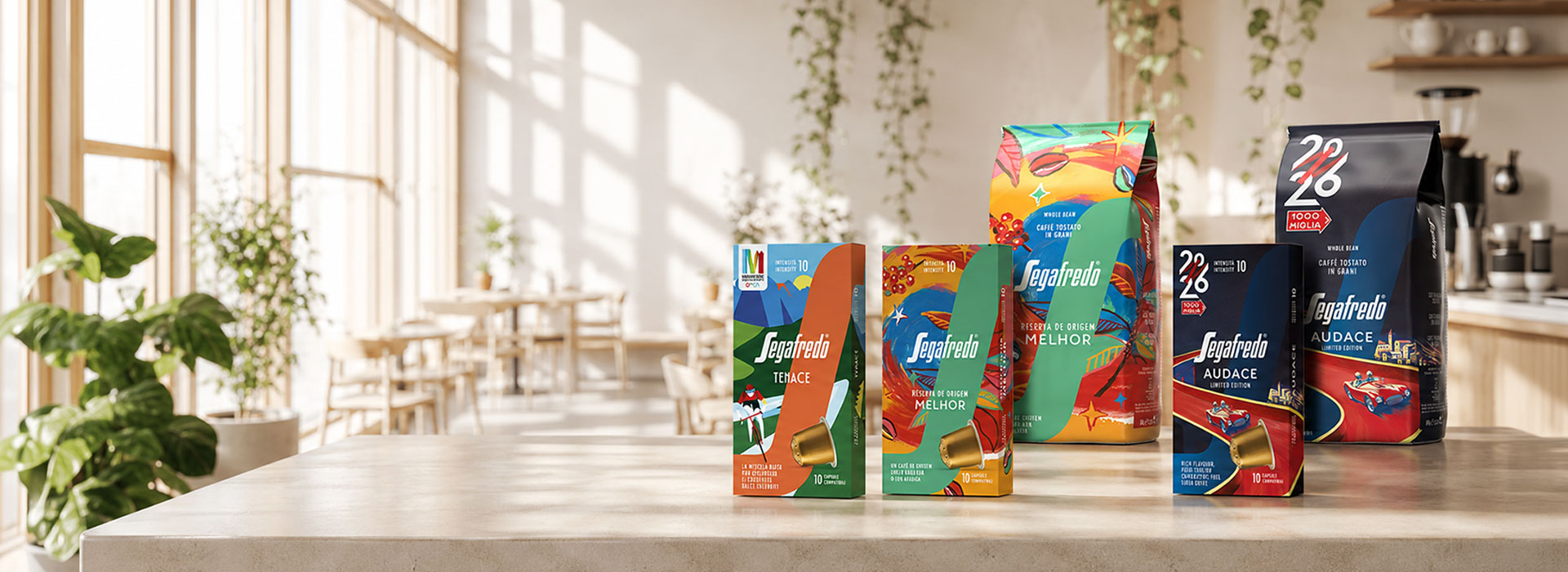 The packaging for Segafredo’s three limited editions, Melhor, Audace and Tenace, developed by ATC