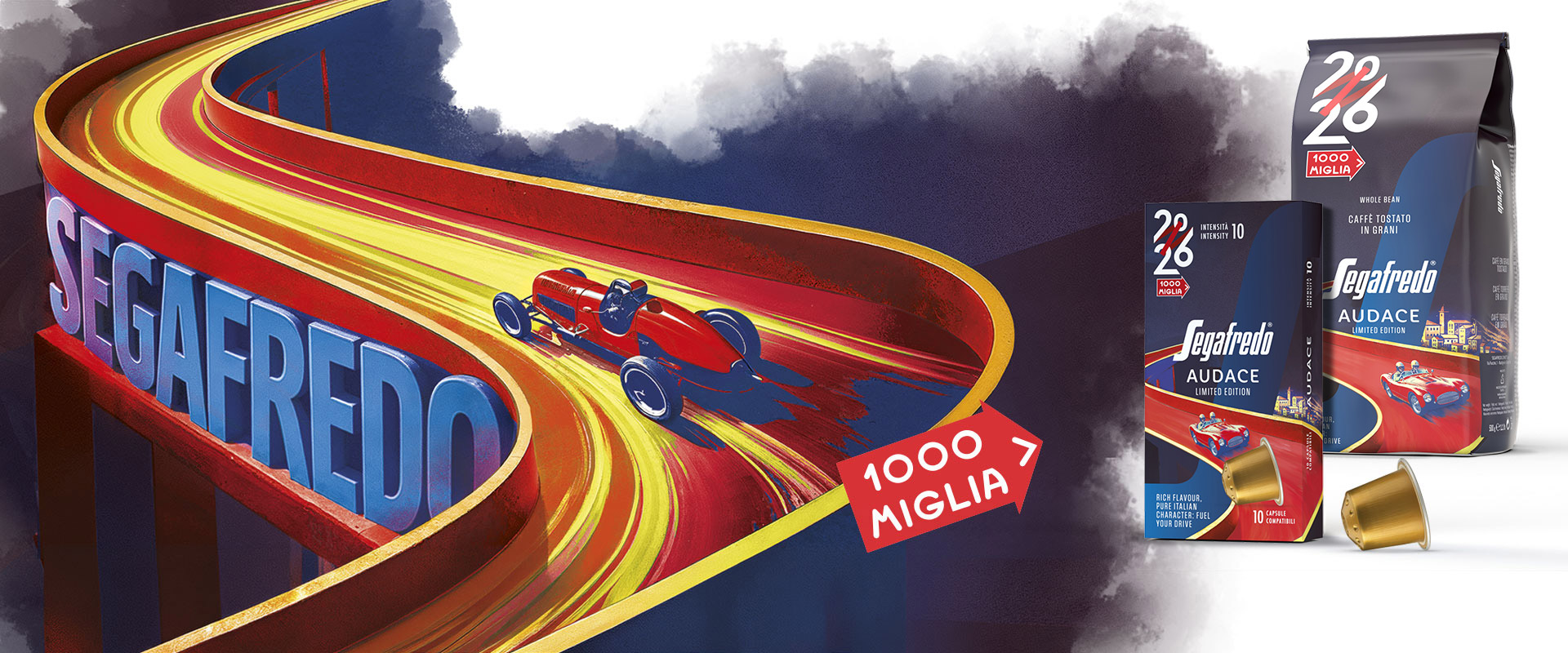 The packaging for Audace, Segafredo’s limited edition created to celebrate the 1000 Miglia motor race