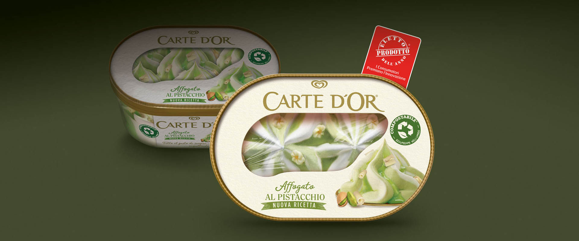 Graphic design by Reverse innovation on Carte d'Or Affogato ice cream tubs, voted Product of the Year