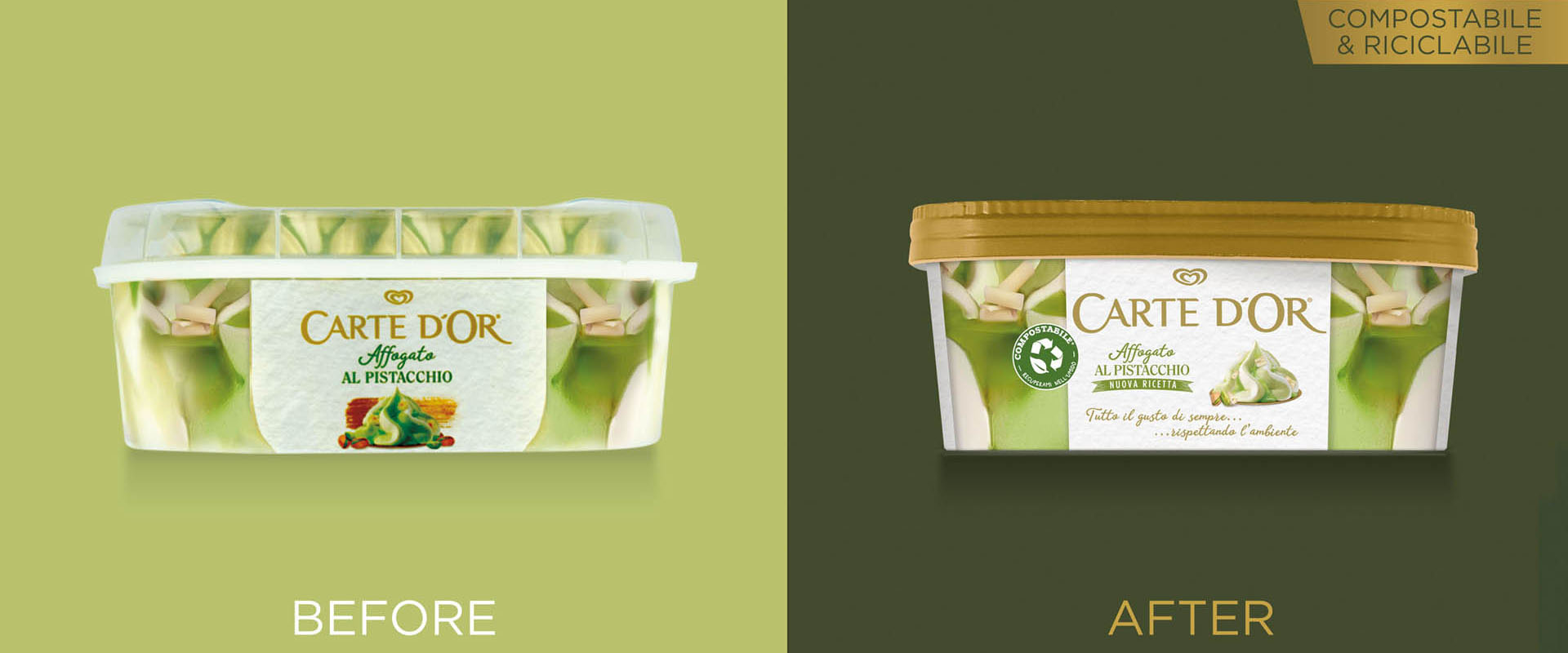 Before and After comparison of graphic design on Carte D'Or Affogati packaging by Reverse Innovation