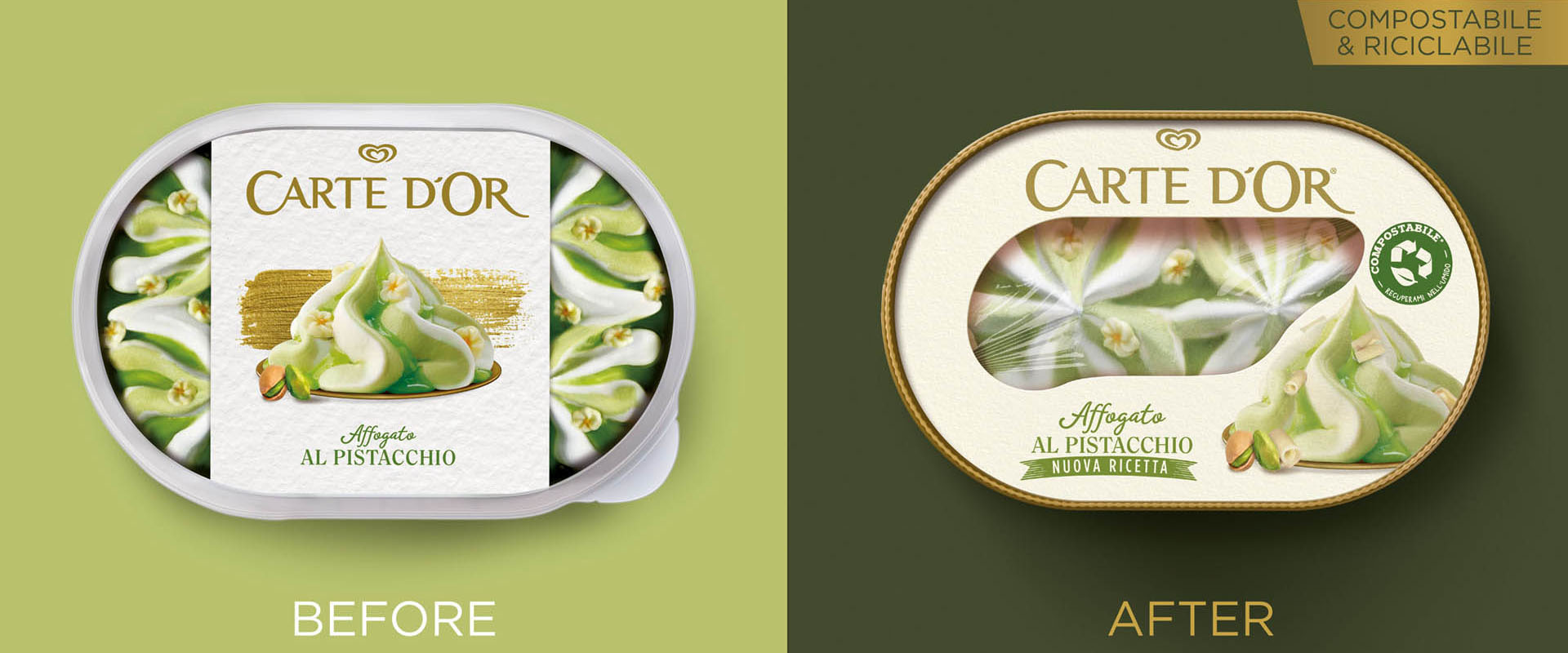 Before and After comparison of graphic design on Carte D'Or Affogati packaging by Reverse Innovation