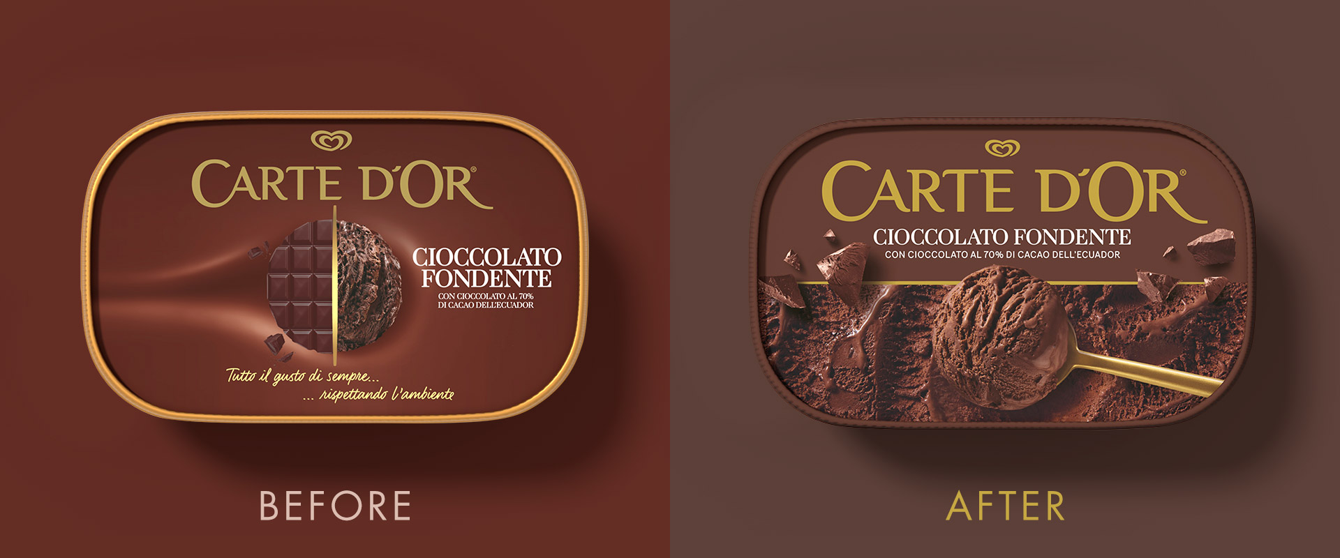 Before and after of the dark chocolate flavor packaging design by Reverse Innovation for Carte d'Or