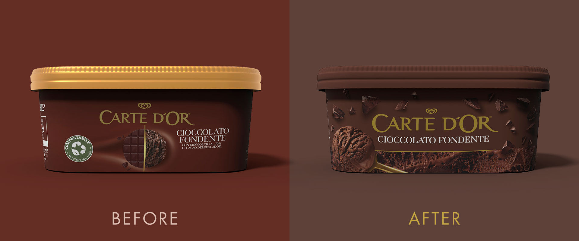 Before and after of the dark chocolate flavor packaging design by Reverse Innovation for Carte d'Or