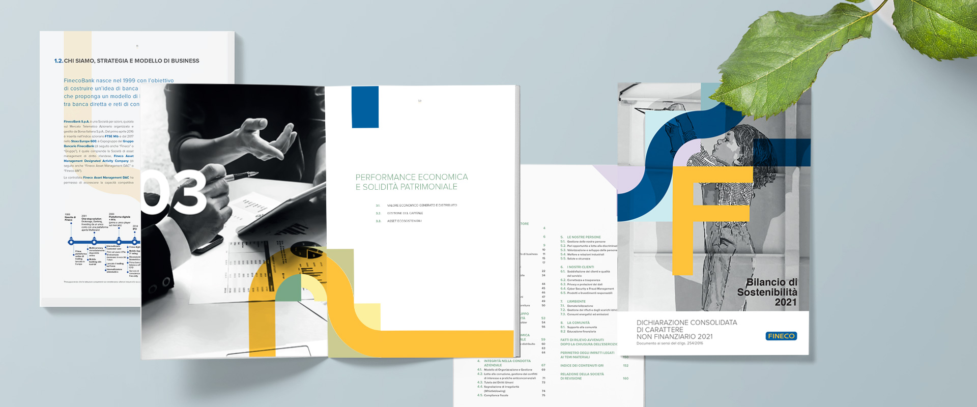 Internal graphic layout of the ner Fineco Group's Sustainability report