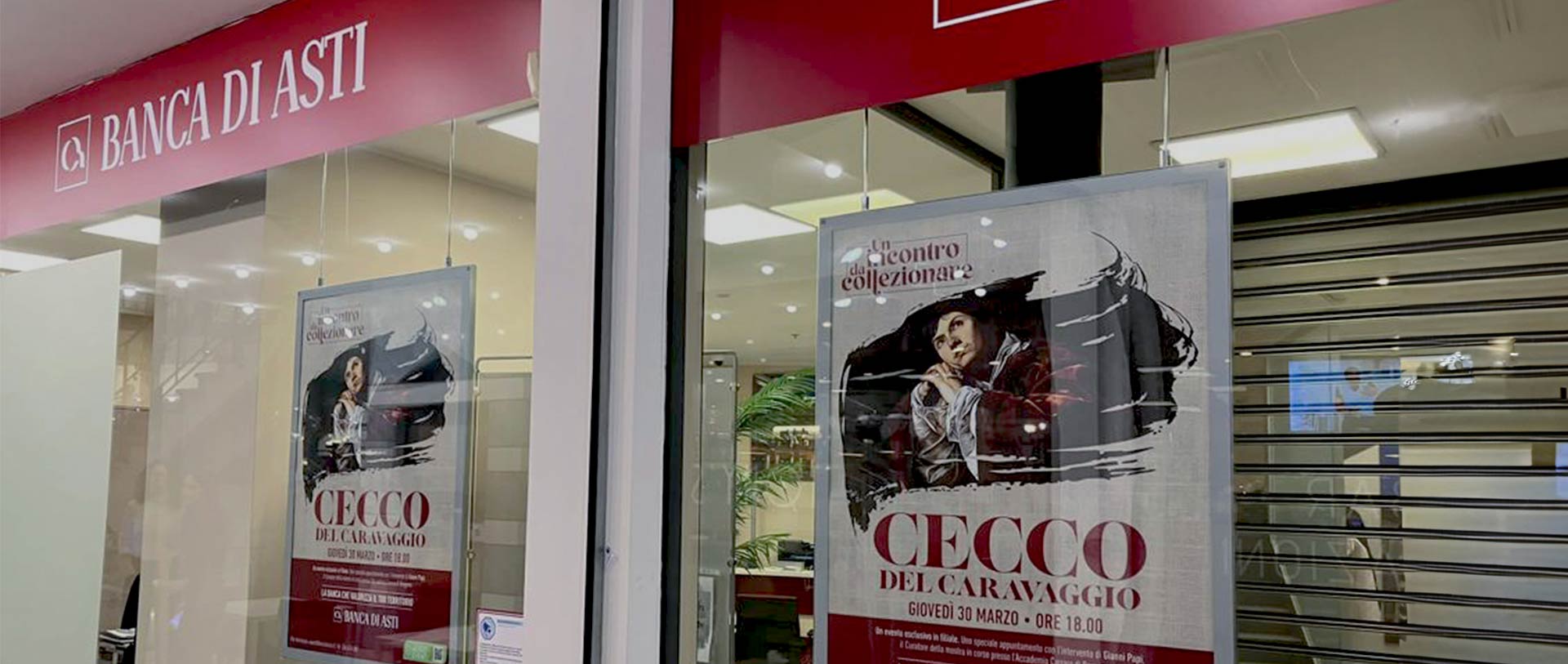 Posters for the Banca di Asti branch in Bergamo, roll-up banners and table talkers: the communication materials created by ATC for the event Un incontro da collezionare about Cecco del Caravaggio with Gianni Papi