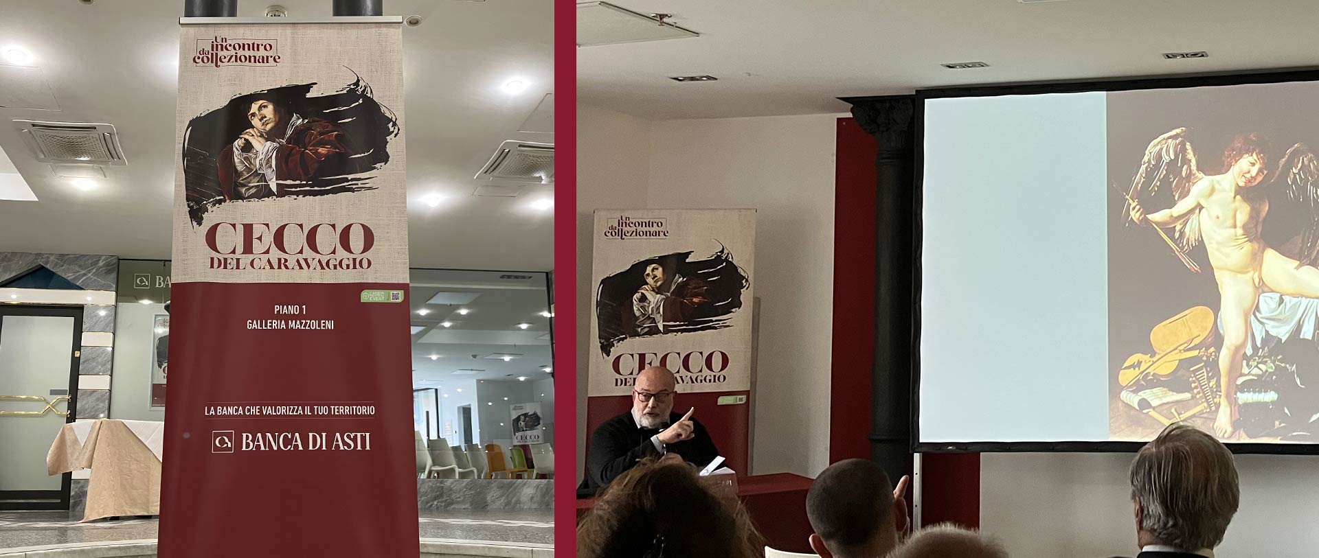 Posters for the Banca di Asti branch in Bergamo, roll-up banners and table talkers: the communication materials created by ATC for the event Un incontro da collezionare about Cecco del Caravaggio with Gianni Papi