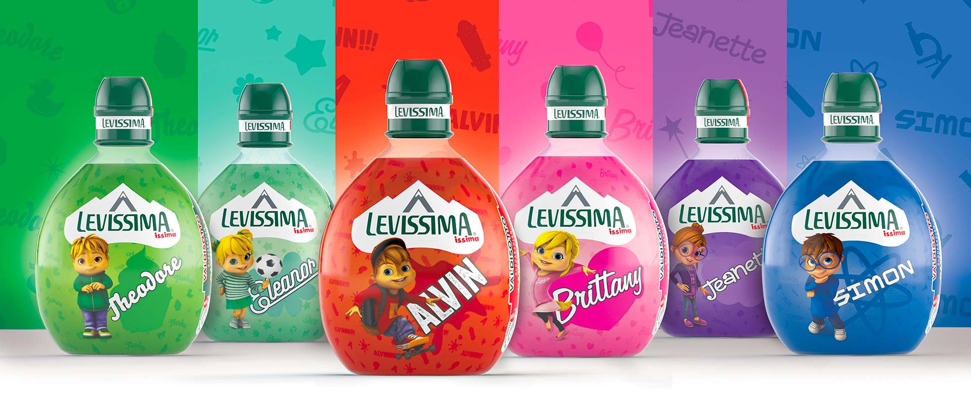 An overview of all licensing packagings designed by ATC for Levissima Issima