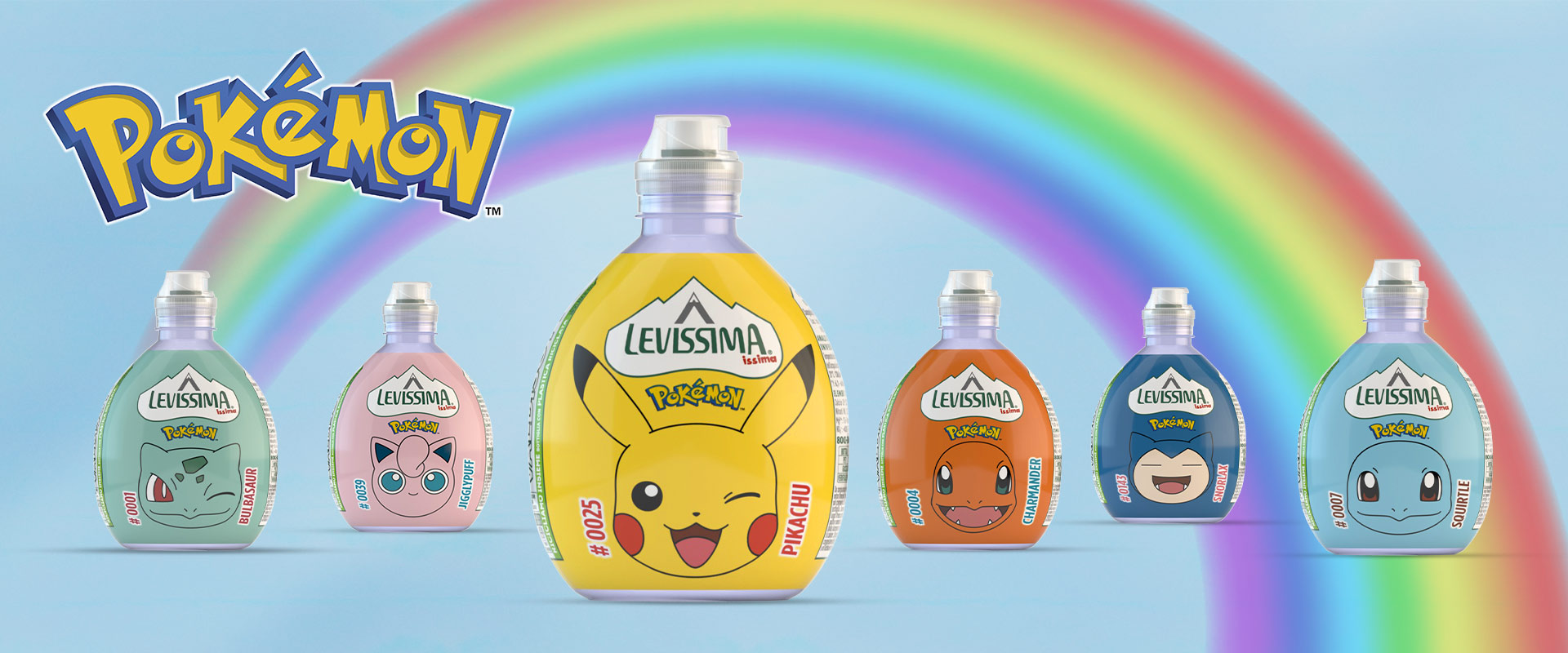 The first release of the Issima Pokémon bottles created by ATC on which the faces of 6 characters, including Pikachu, are portrayed