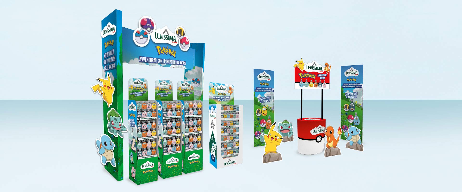 Arch, standing display units, cut-outs and a desk are the communication assets created to emphasize the Issima Pokémon project in the point of sale