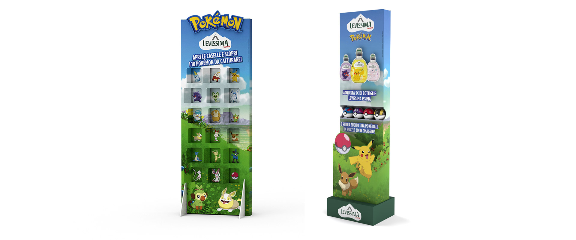 The Issima Pokémon totem and pop-up display unit ATC created for Levissima, with characters to find and Poké Balls included