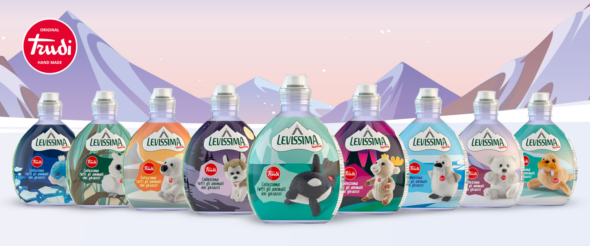 The nine Issima Trudi Animali dei Ghiacci mini bottles created by ATC