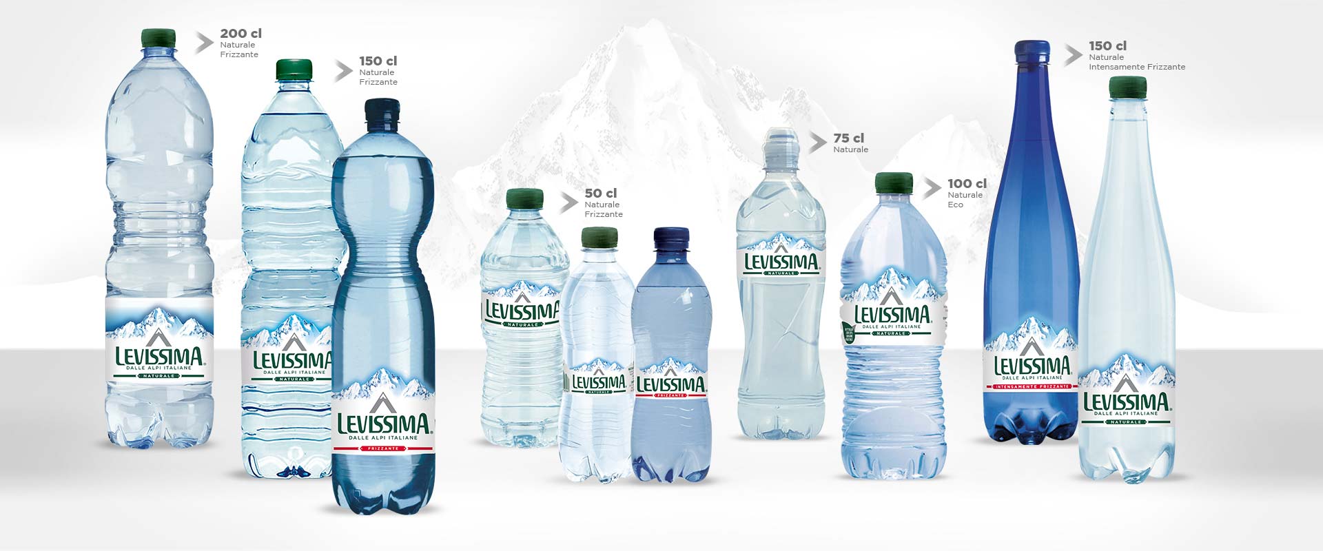 The different sizes of the Levissima bottles