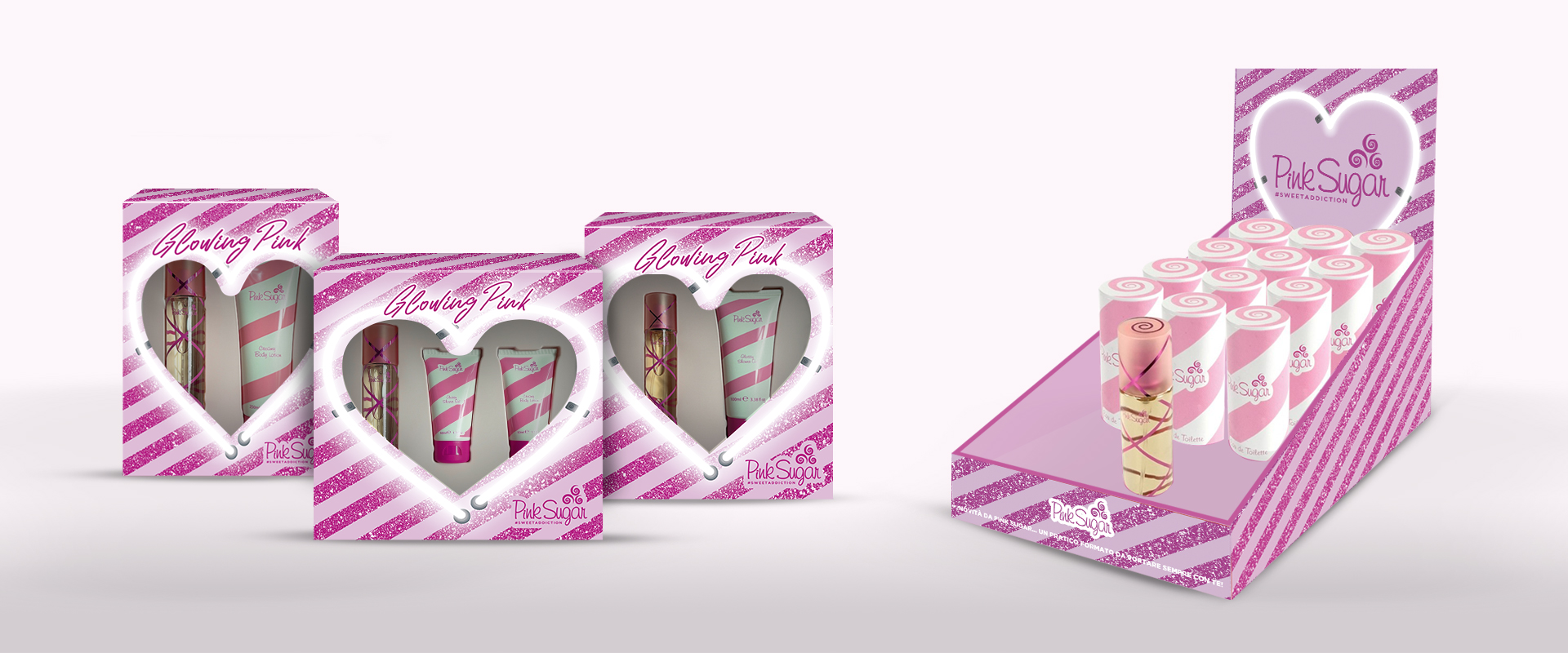 The Pink Sugar box in its different sizes and the counter display unit.