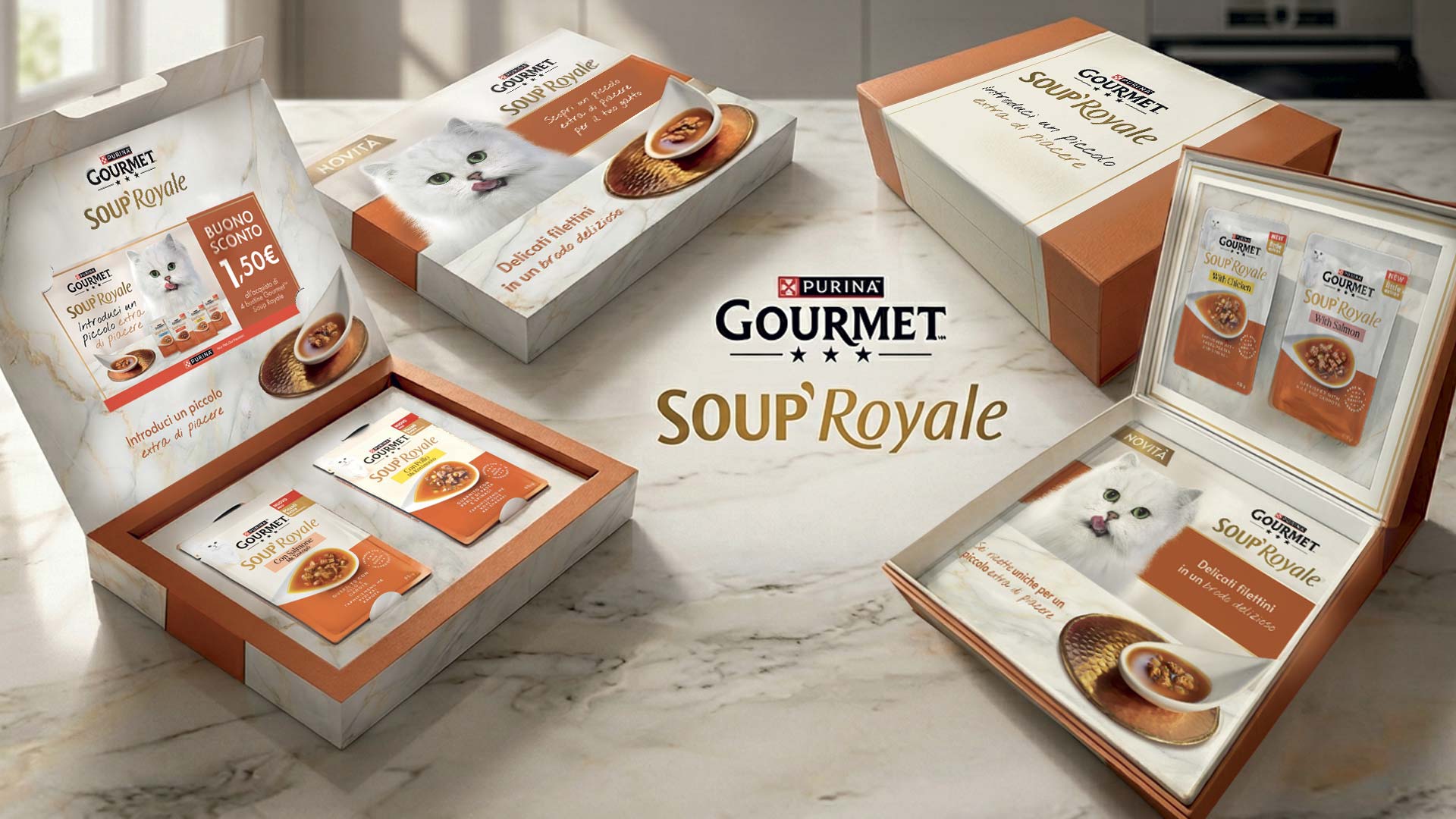 The shopper and trade cuvette with product sample and coupons for Purina® Gourmet™ Soup Royale