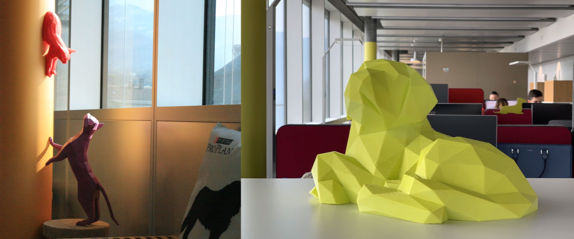 Representations of dogs and cats in 3D in Purina offices in Vevey