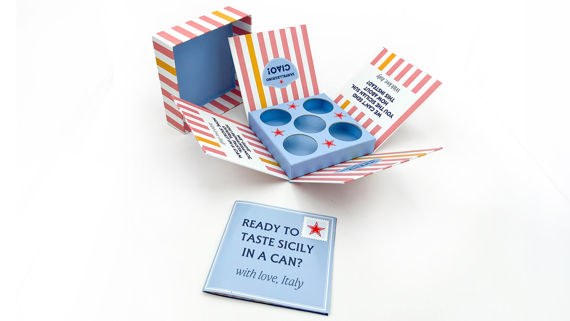 The promotional presentation box designed for creators and consumers for the Sanpellegrino CIAO! launch