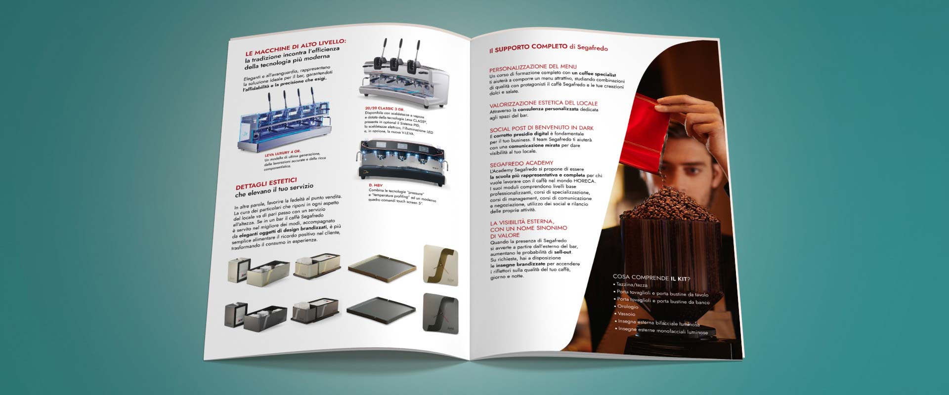 The Segafredo B2B paper toolkit created by ATC for the Ho.Re.Ca. channel includes a brochure and catalogs for the different sales channels