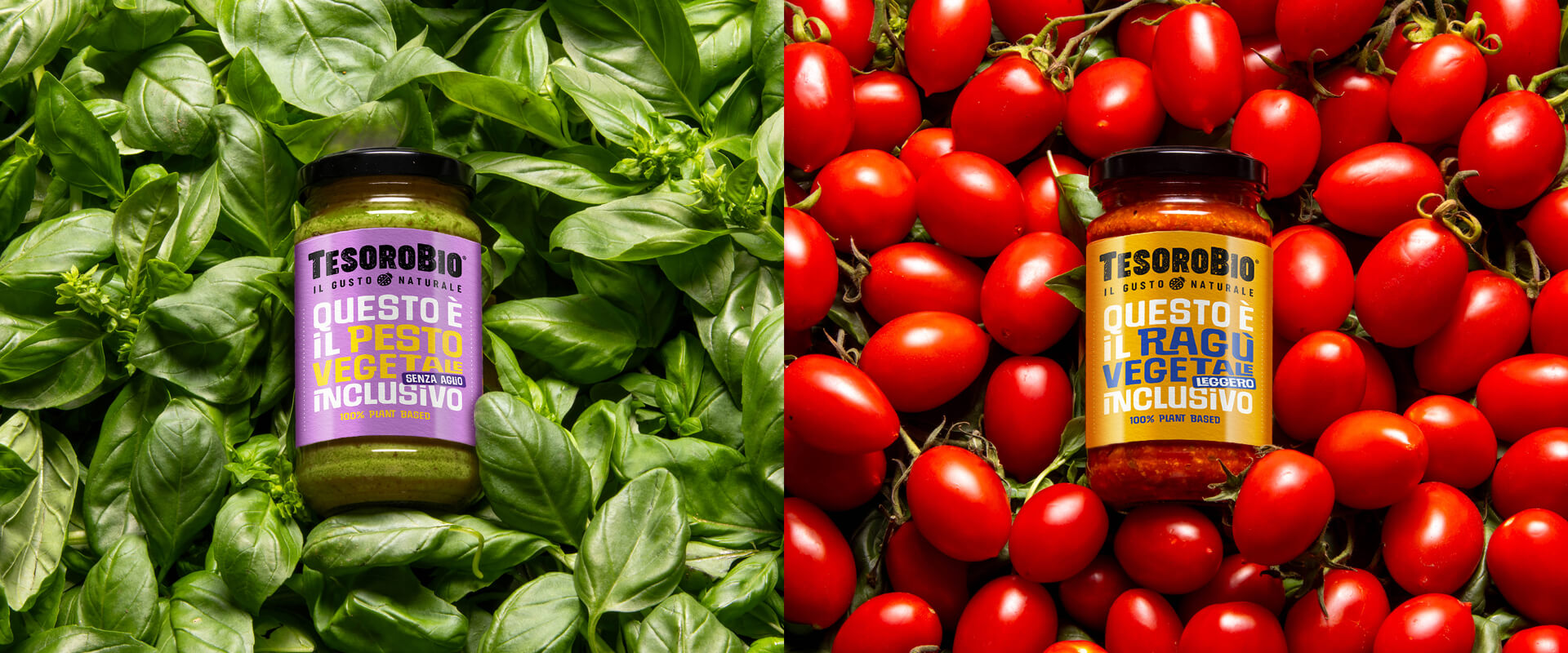 Images of the TesoroBio protein juices range, a project born from scratch to enhance naturalness through colors, plant ingredients and clear messages.