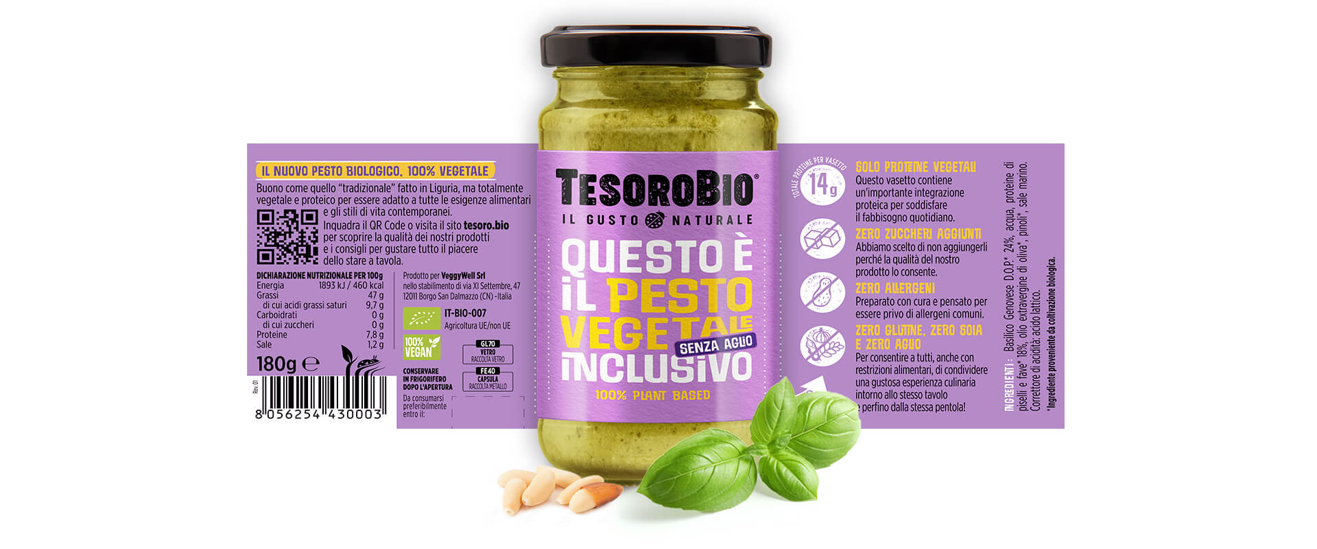 Images of the TesoroBio protein juices range, a project born from scratch to enhance naturalness through colors, plant ingredients and clear messages.