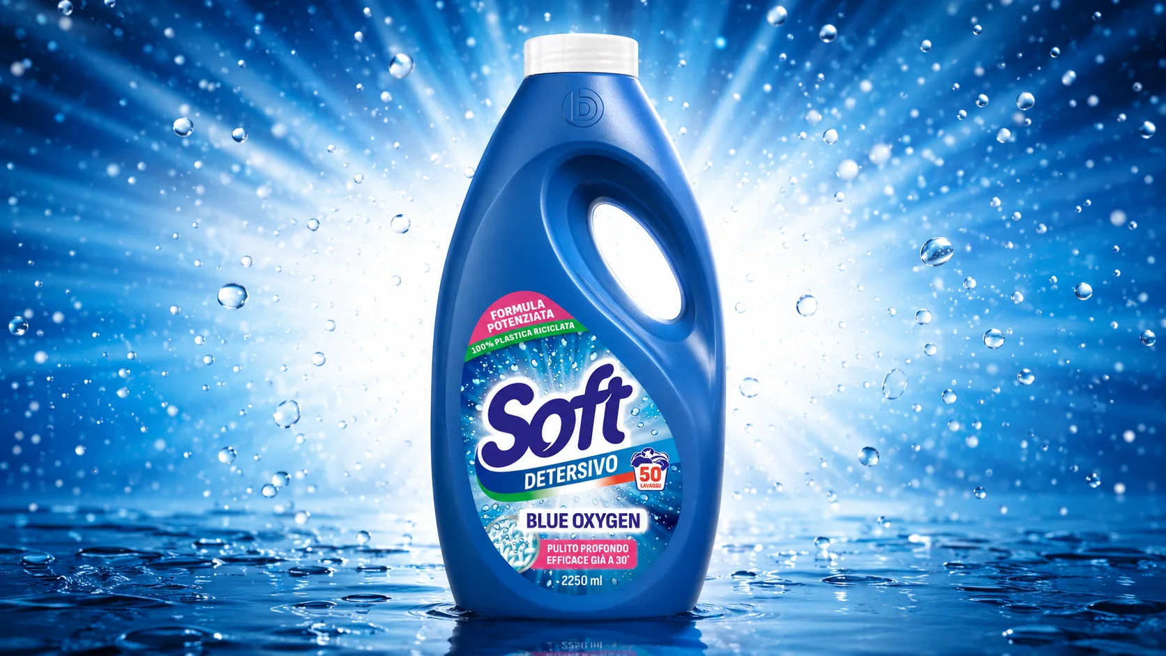 Il packaging del detersivo Soft Blue Oxygen, realizzato da ATC