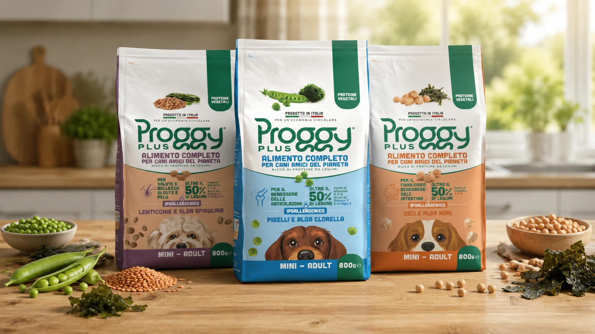 I packaging della gamma di pet food Proggy Plus di Andriani, con il design realizzato da ATC - All Things Communicate