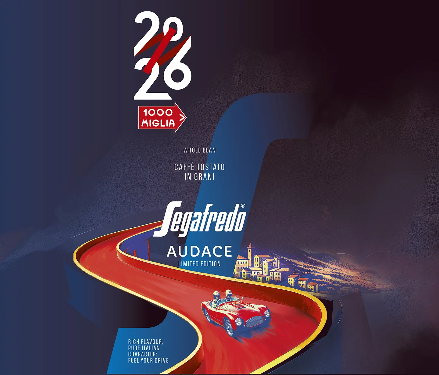 Il design per i pack di Audace, la limited edition Segafredo dedicata alla 1000 Miglia
