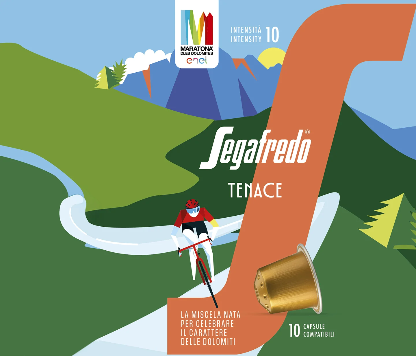 Il design realizzato per i pack di capsule della limited edition Segafredo Tenace, dedicata alla Maratona delle Dolomiti
