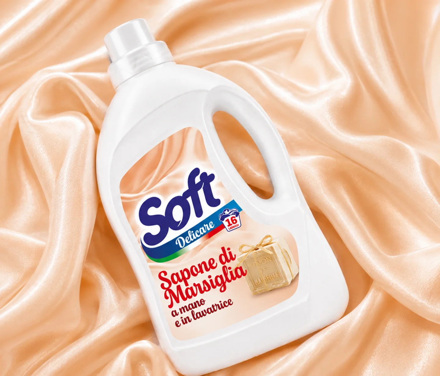 Il packaging del detersivo Soft Delicare, con il design di ATC