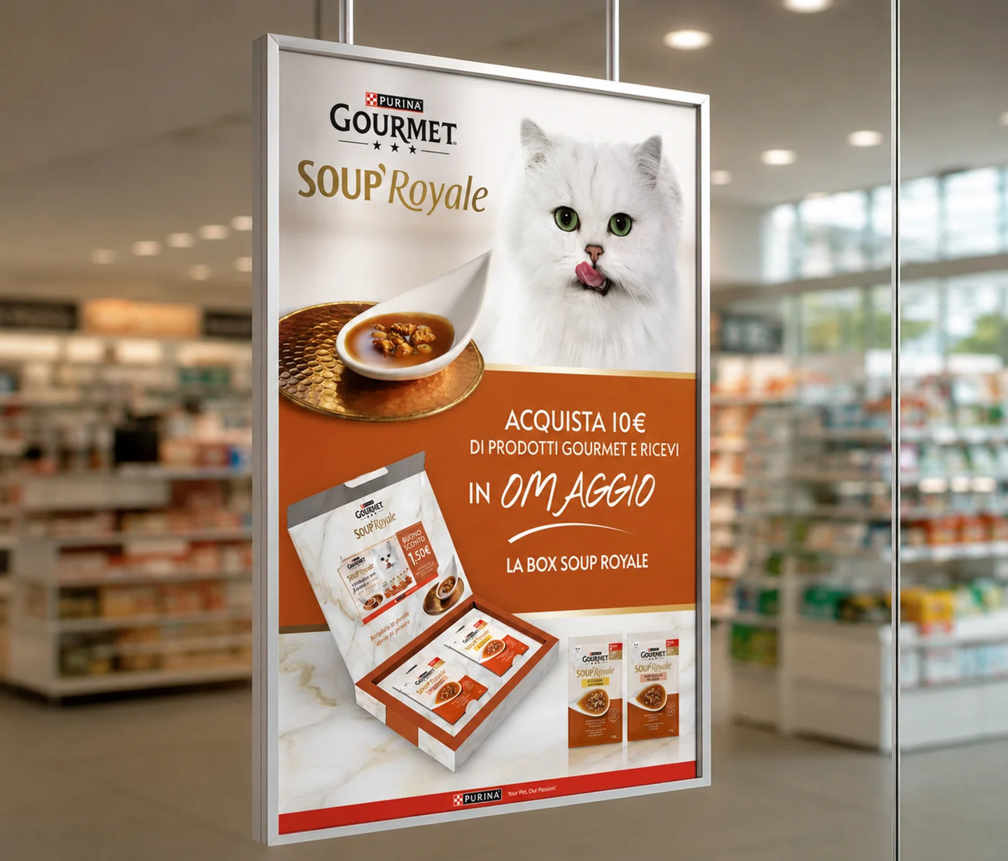 Materiale di comunicazione in-store per l'activation consumer Gourmet Soup Royale, con il design di ATC