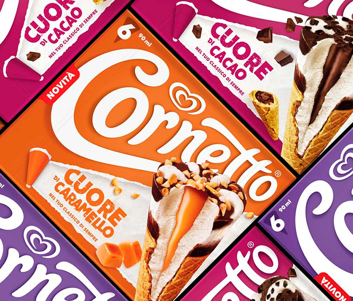 Il visual design del front of pack realizzato per Cornetto Algida Cuore di